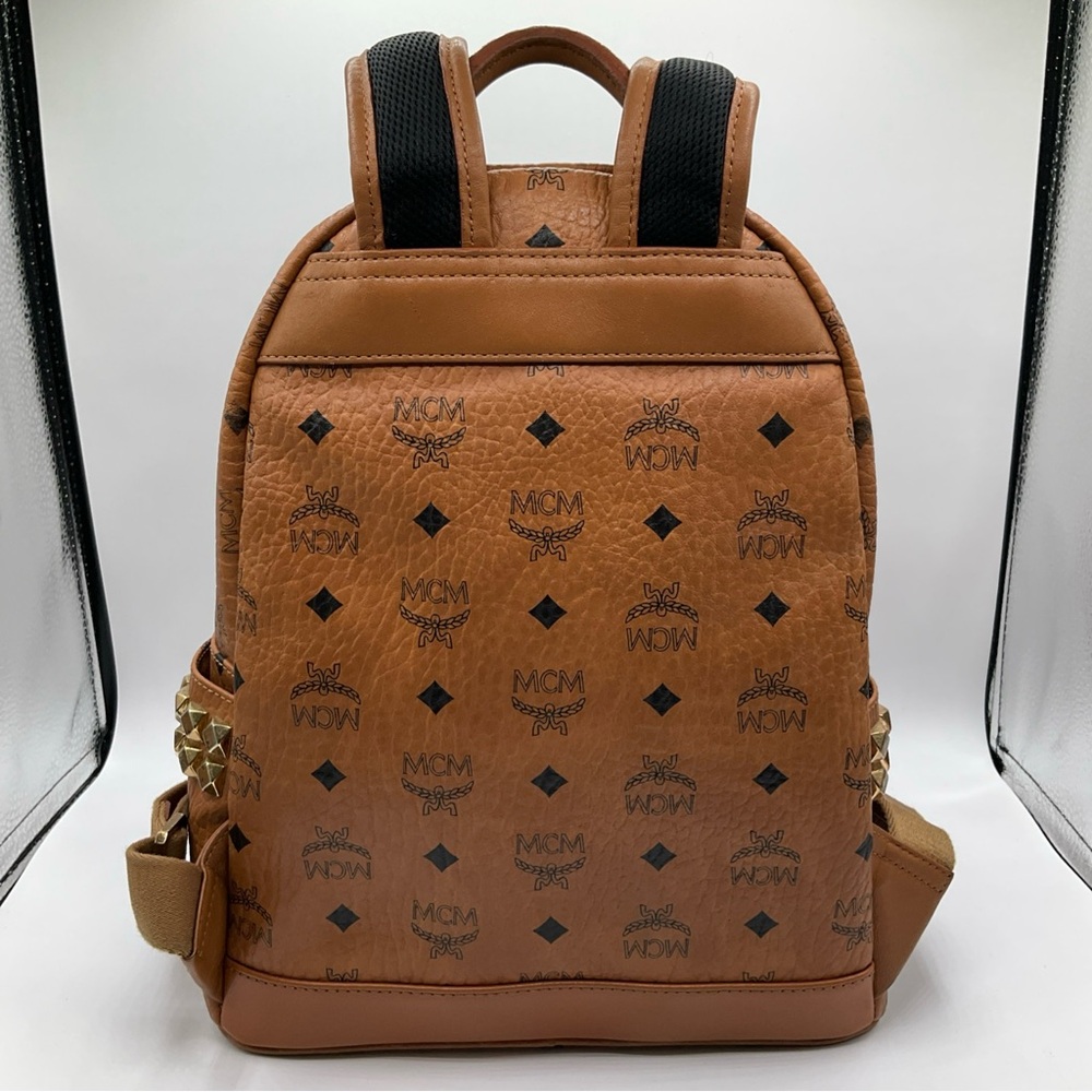 MCM Visetos Brown Cognac Monogram Gold Studded Leather Backpack - Picture 13 of 15